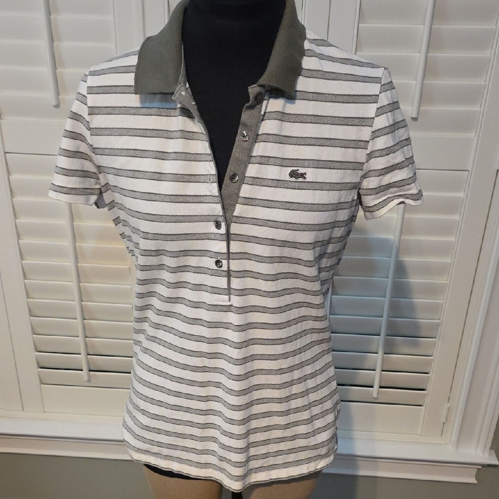 Lacoste Green and White Striped Polo